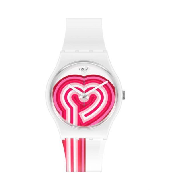 Reloj Swatch blanco corazón fucsia GW214