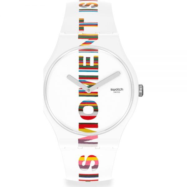 Reloj Swatch blanco letras multicolor time is magic suoz330
