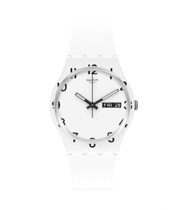 Reloj Swatch blanco nuneros en negro GW716