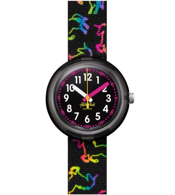 Reloj Swatch flik flak correa negra con unicornios de colores FPNP070