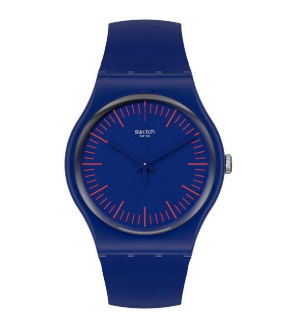 Reloj Swatch nuenred azul indices en rojo SUON146