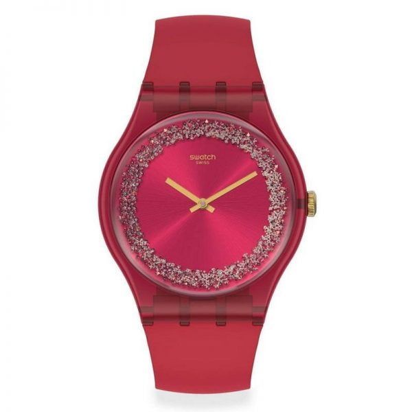 Reloj Swatch rojo con esfera purpurina plata Ruby Rings SUOP111