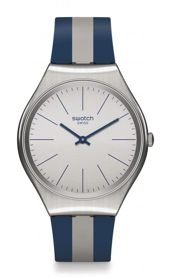 Reloj Swatch skin Irony Skinspring correa rayas azules y blanca syxs107