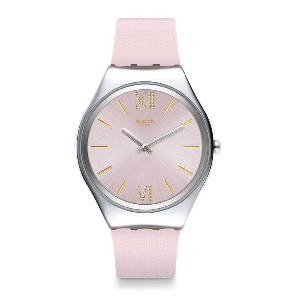 Reloj Swatch skin rosa numeros dorados SYXS124